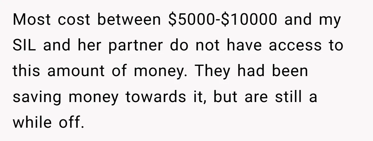 Most cost between $5000-$10000 and my SIL and her partner do not have access to this amount of money. They had been saving money towards it, but are still a...