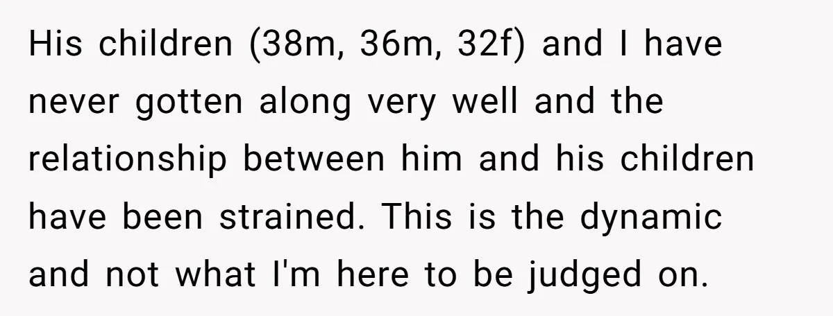 His children (38m, 36m, 32f) and I have never gotten along very well and the relationship between him and his children have been strained. This is the dynamic and not...