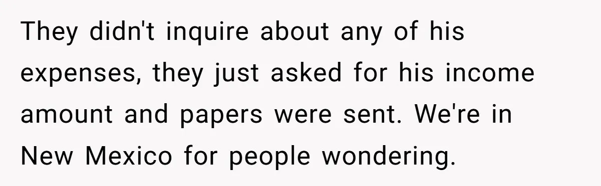 They didn't inquire about any of his expenses, they just asked for his income amount and papers were sent. We're in New Mexico for people wondering.
