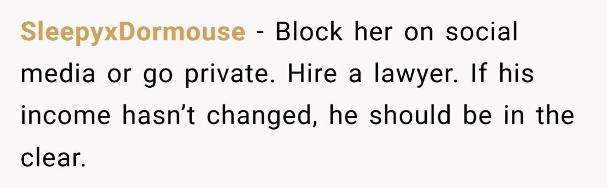 SleepyxDormouse − Block her on social media or go private. Hire a lawyer. If his income hasn’t changed, he should be in the clear.
