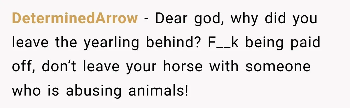 DeterminedArrow − Dear god, why did you leave the yearling behind? F__k being paid off, don’t leave your horse with someone who is abusing animals!