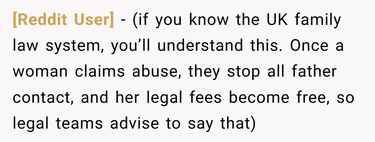 [Reddit User] − (if you know the UK family law system, you’ll understand this. Once a woman claims abuse, they stop all father contact, and her legal fees become free,...