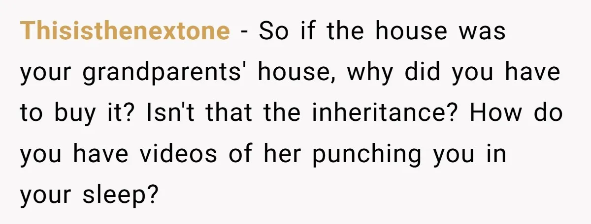 Thisisthenextone − So if the house was your grandparents' house, why did you have to buy it? Isn't that the inheritance? How do you have videos of her punching you...