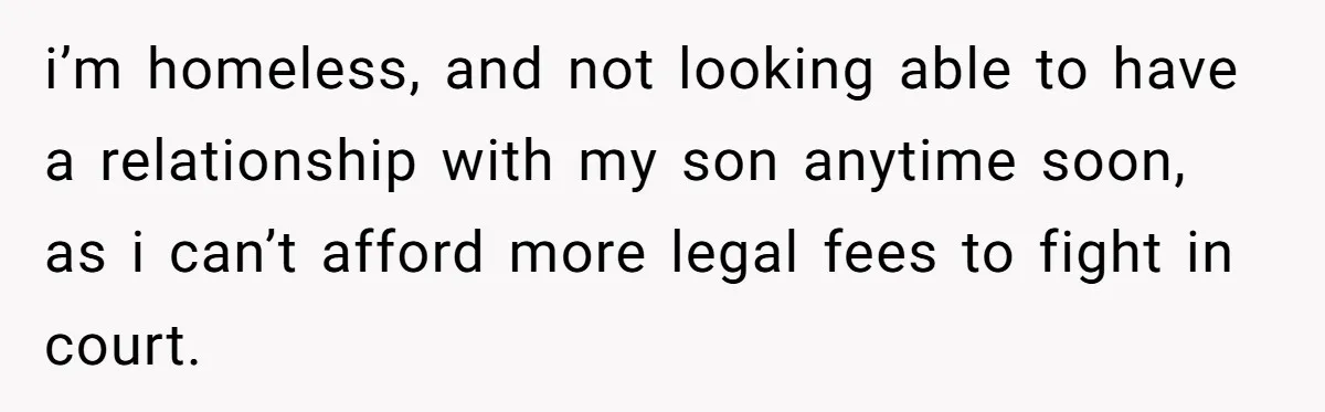 i’m homeless, and not looking able to have a relationship with my son anytime soon, as i can’t afford more legal fees to fight in court.