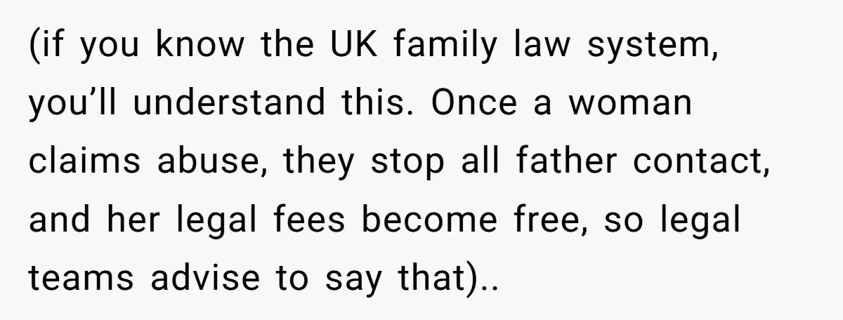 (if you know the UK family law system, you’ll understand this. Once a woman claims abuse, they stop all father contact, and her legal fees become free, so legal teams...