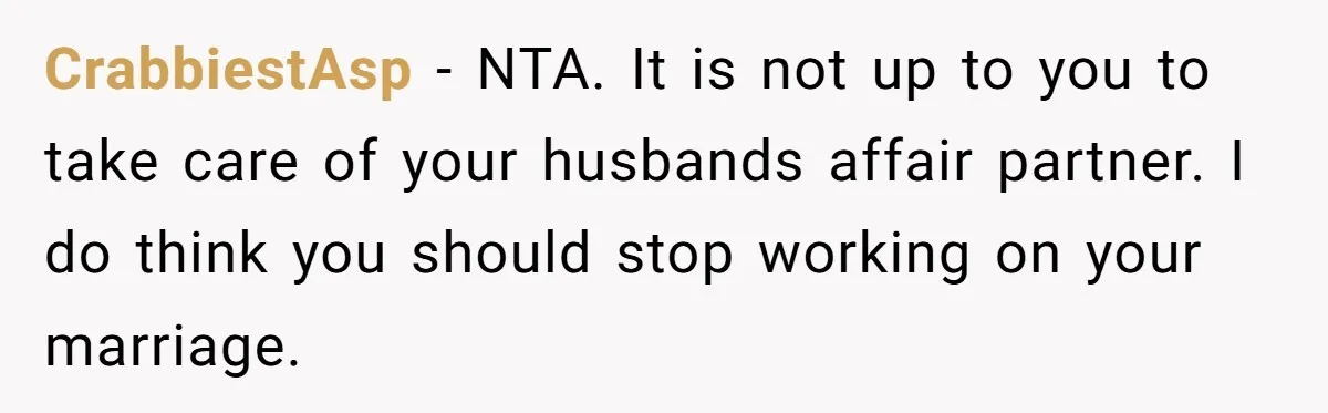CrabbiestAsp − NTA. It is not up to you to take care of your husbands affair partner. I do think you should stop working on your marriage.