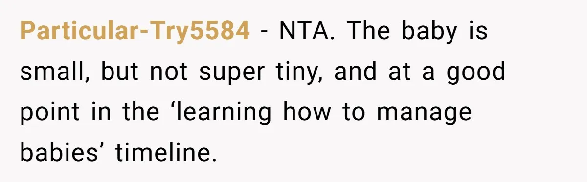 Particular-Try5584 − NTA. The baby is small, but not super tiny, and at a good point in the ‘learning how to manage babies’ timeline.