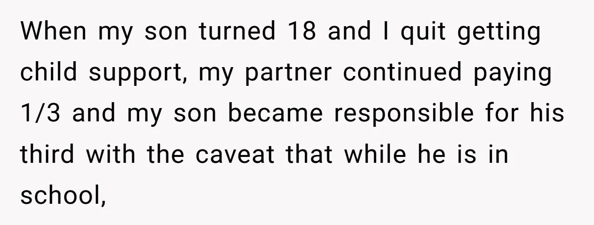 When my son turned 18 and I quit getting child support, my partner continued paying 1/3 and my son became responsible for his third with the caveat that while he...