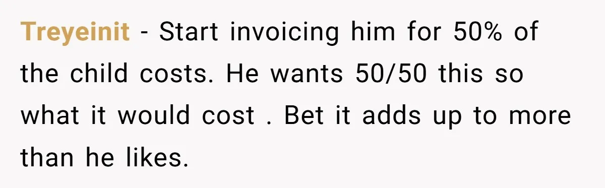 Treyeinit − Start invoicing him for 50% of the child costs. He wants 50/50 this so what it would cost . Bet it adds up to more than he likes.