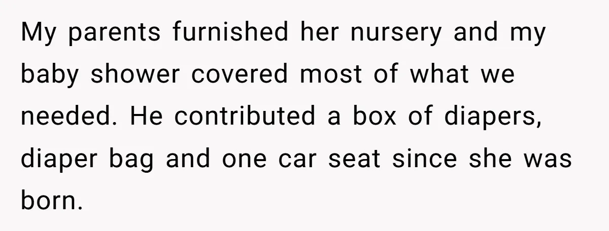 My parents furnished her nursery and my baby shower covered most of what we needed. He contributed a box of diapers, diaper bag and one car seat since she was...