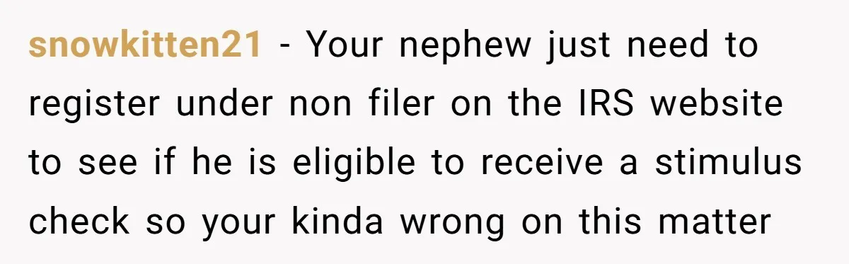 snowkitten21 − Your nephew just need to register under non filer on the IRS website to see if he is eligible to receive a stimulus check so your kinda wrong...