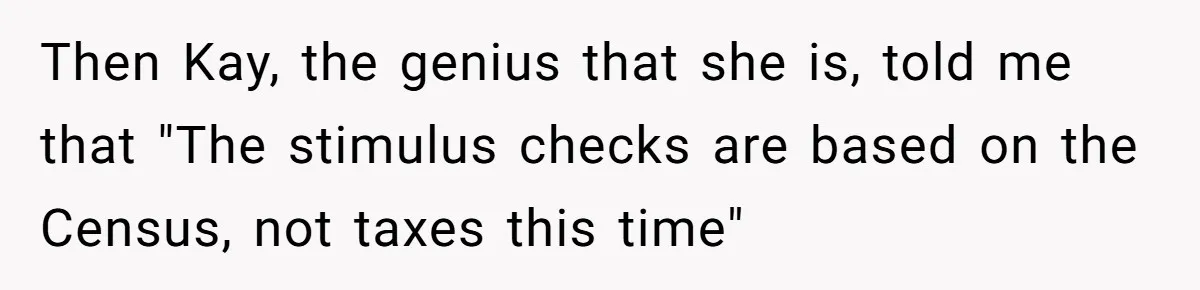 Then Kay, the genius that she is, told me that "The stimulus checks are based on the Census, not taxes this time"