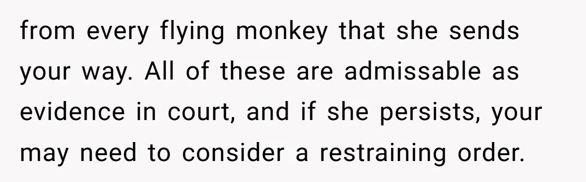 from every flying monkey that she sends your way. All of these are admissable as evidence in court, and if she persists, your may need to consider a restraining order.
