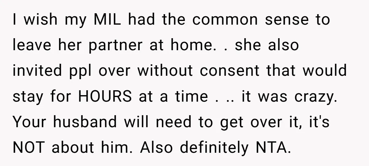 I wish my MIL had the common sense to leave her partner at home. . she also invited ppl over without consent that would stay for HOURS at a time...