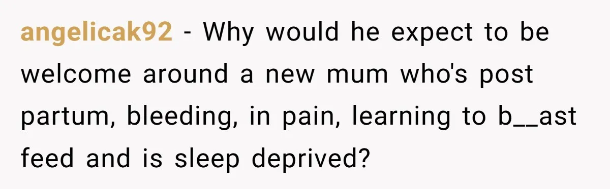 angelicak92 − Why would he expect to be welcome around a new mum who's post partum, bleeding, in pain, learning to b__ast feed and is sleep deprived?