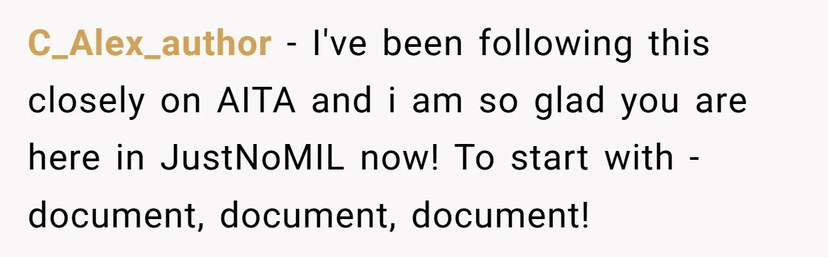 C_Alex_author − I've been following this closely on AITA and i am so glad you are here in JustNoMIL now! To start with - document, document, document!