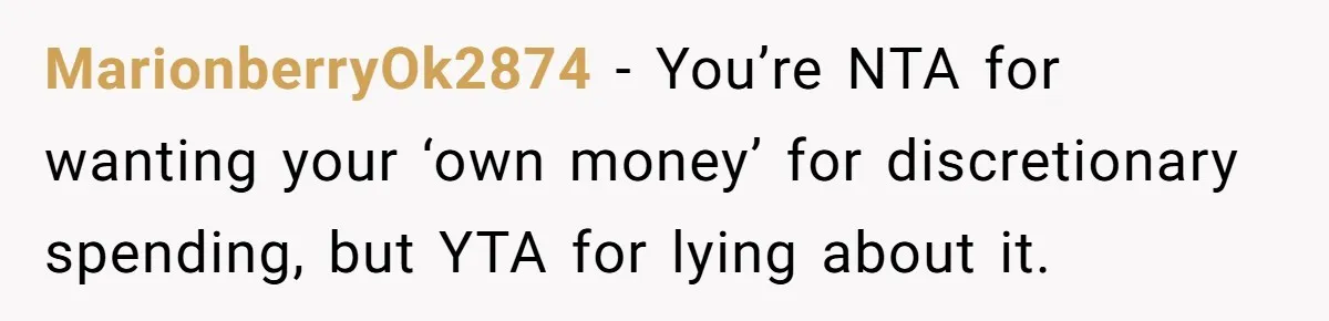 MarionberryOk2874 − You’re NTA for wanting your ‘own money’ for discretionary spending, but YTA for lying about it.