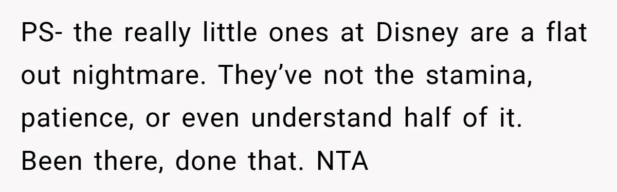 PS- the really little ones at Disney are a flat out nightmare. They’ve not the stamina, patience, or even understand half of it. Been there, done that. NTA