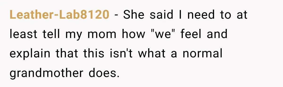 Leather-Lab8120 − She said I need to at least tell my mom how "we" feel and explain that this isn't what a normal grandmother does.