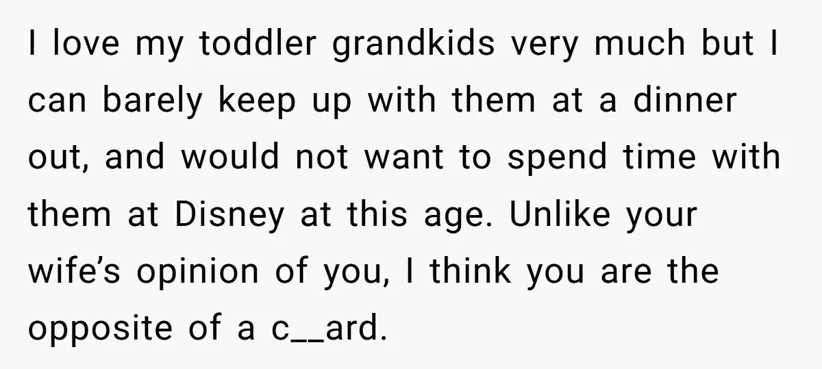 I love my toddler grandkids very much but I can barely keep up with them at a dinner out, and would not want to spend time with them at Disney...