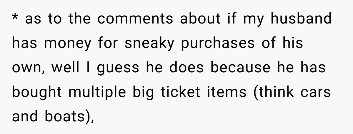 * as to the comments about if my husband has money for sneaky purchases of his own, well I guess he does because he has bought multiple big ticket items...