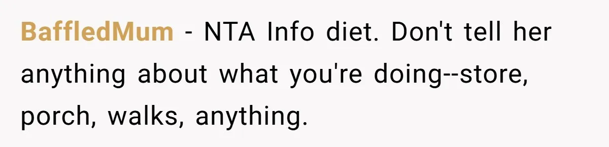 BaffledMum − NTA Info diet. Don't tell her anything about what you're doing--store, porch, walks, anything.