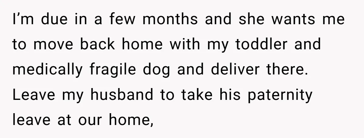 I’m due in a few months and she wants me to move back home with my toddler and medically fragile dog and deliver there. Leave my husband to take his...
