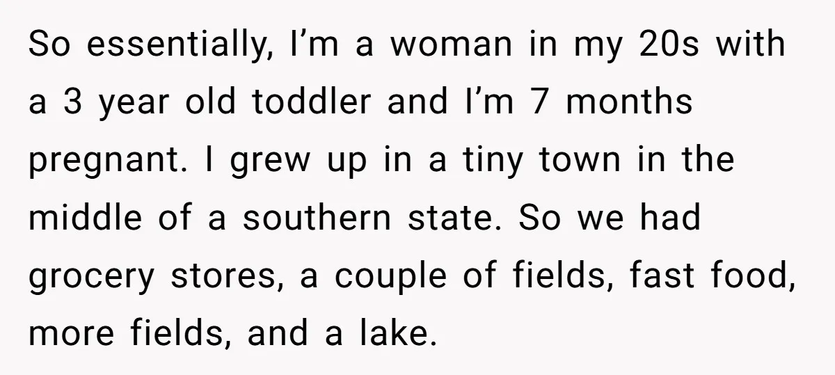 So essentially, I’m a woman in my 20s with a 3 year old toddler and I’m 7 months pregnant. I grew up in a tiny town in the middle of...