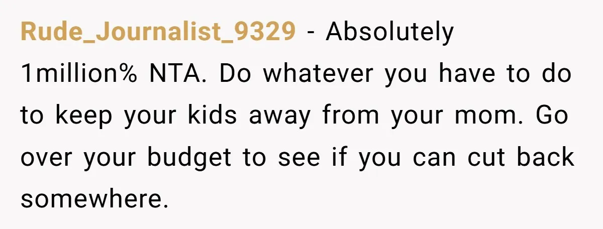 Rude_Journalist_9329 − Absolutely 1million% NTA. Do whatever you have to do to keep your kids away from your mom. Go over your budget to see if you can cut back...
