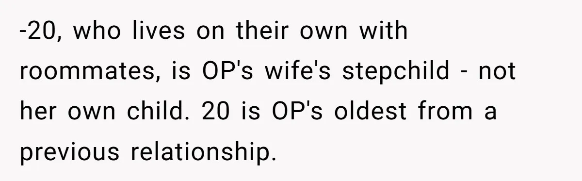-20, who lives on their own with roommates, is OP's wife's stepchild - not her own child. 20 is OP's oldest from a previous relationship.