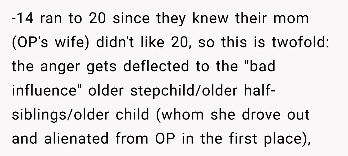 -14 ran to 20 since they knew their mom (OP's wife) didn't like 20, so this is twofold: the anger gets deflected to the "bad influence" older stepchild/older half-siblings/older child...