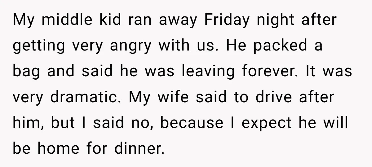My middle kid ran away Friday night after getting very angry with us. He packed a bag and said he was leaving forever. It was very dramatic. My wife said...