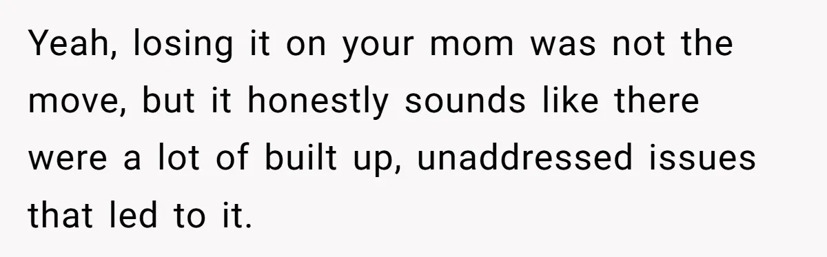 Yeah, losing it on your mom was not the move, but it honestly sounds like there were a lot of built up, unaddressed issues that led to it.