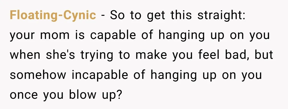 Floating-Cynic − So to get this straight: your mom is capable of hanging up on you when she's trying to make you feel bad, but somehow incapable of hanging up...