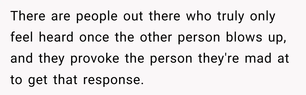 There are people out there who truly only feel heard once the other person blows up, and they provoke the person they're mad at to get that response.