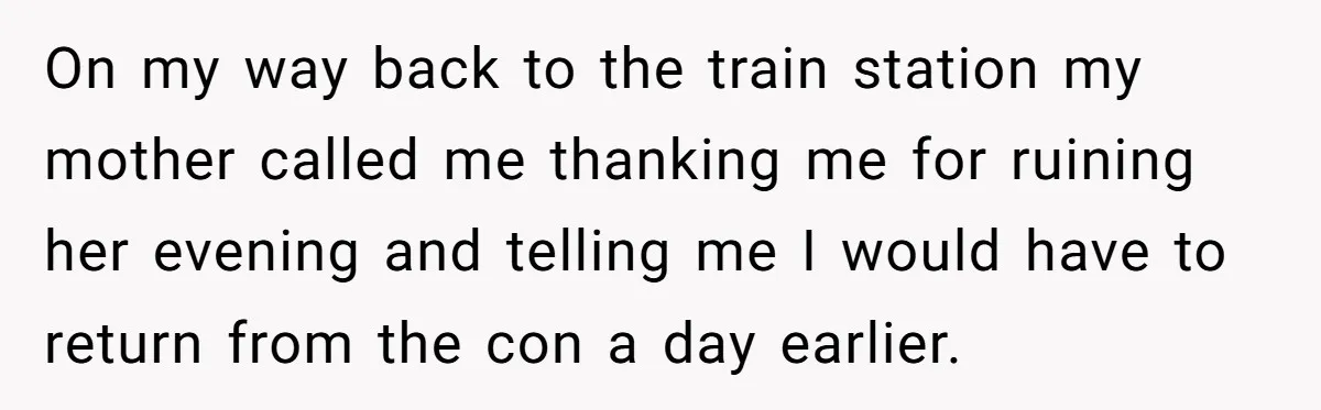 On my way back to the train station my mother called me thanking me for ruining her evening and telling me I would have to return from the con a...