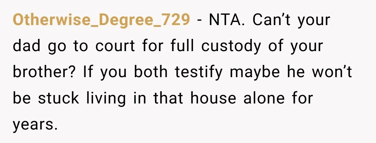 Otherwise_Degree_729 − NTA. Can’t your dad go to court for full custody of your brother? If you both testify maybe he won’t be stuck living in that house alone for...