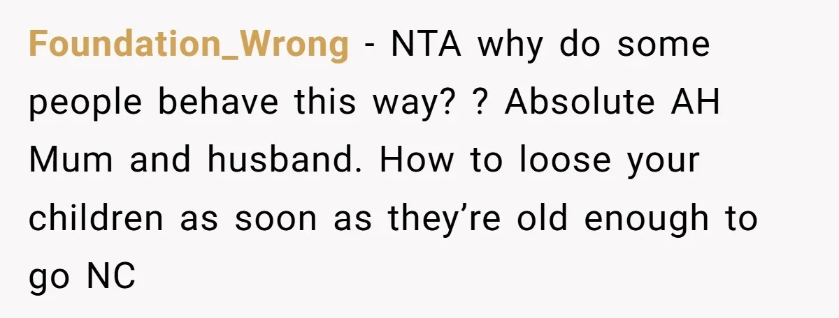 Foundation_Wrong − NTA why do some people behave this way? ? Absolute AH Mum and husband. How to loose your children as soon as they’re old enough to go NC