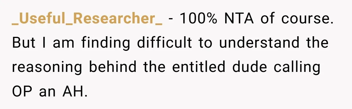 _Useful_Researcher_ − 100% NTA of course. But I am finding difficult to understand the reasoning behind the entitled dude calling OP an AH.