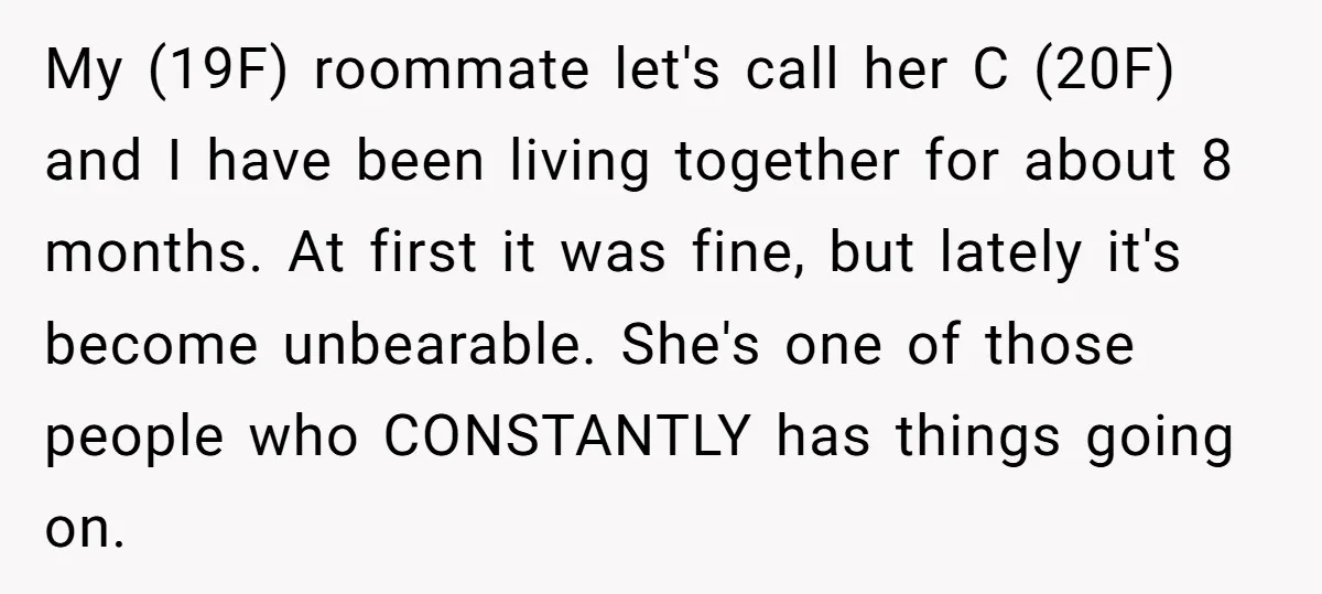 My (19F) roommate let's call her C (20F) and I have been living together for about 8 months. At first it was fine, but lately it's become unbearable. She's one...