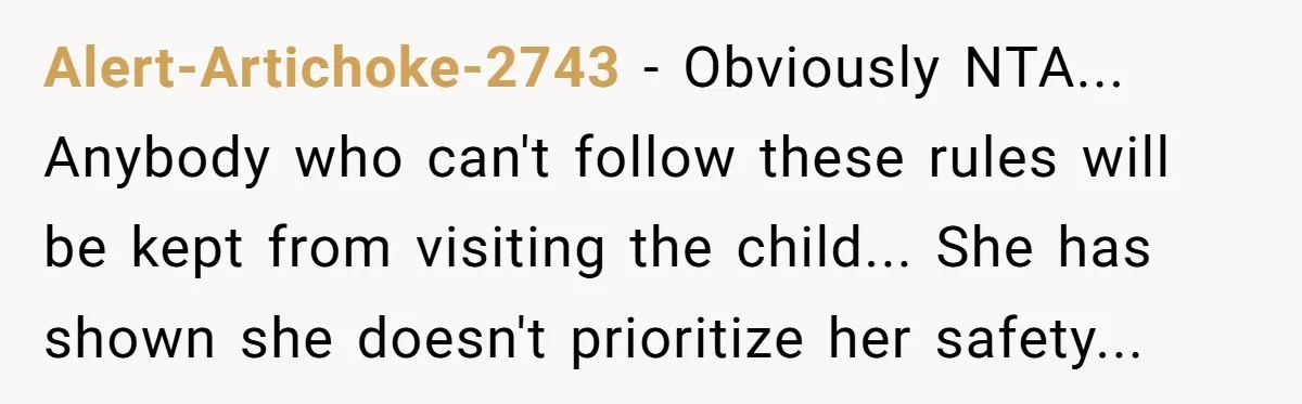Alert-Artichoke-2743 − Obviously NTA... Anybody who can't follow these rules will be kept from visiting the child... She has shown she doesn't prioritize her safety...