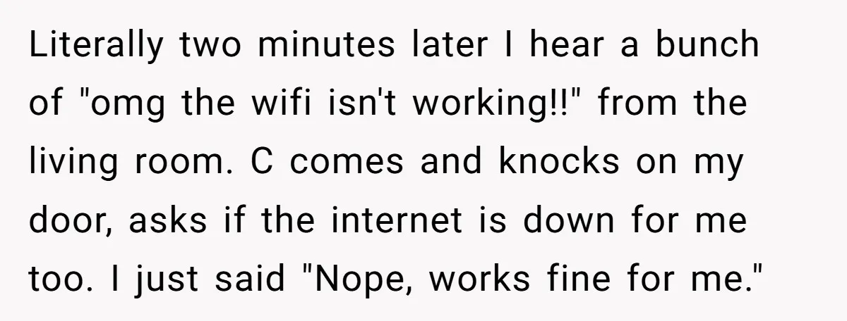 Literally two minutes later I hear a bunch of "omg the wifi isn't working!!" from the living room. C comes and knocks on my door, asks if the internet is...