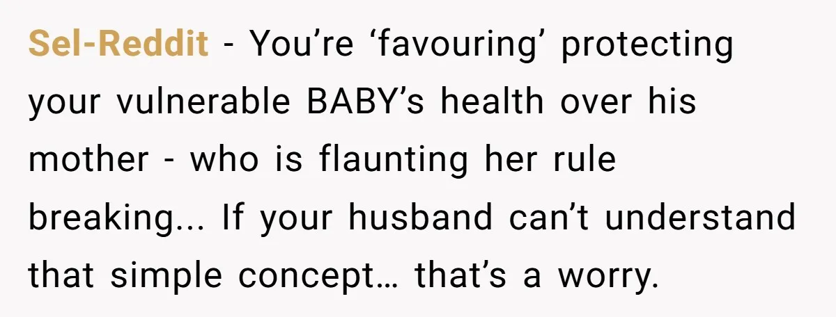 Sel-Reddit − You’re ‘favouring’ protecting your vulnerable BABY’s health over his mother - who is flaunting her rule breaking... If your husband can’t understand that simple concept… that’s a worry.