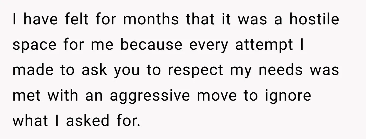 I have felt for months that it was a hostile space for me because every attempt I made to ask you to respect my needs was met with an aggressive...