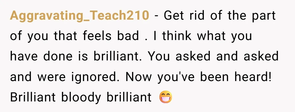Aggravating_Teach210 − Get rid of the part of you that feels bad . I think what you have done is brilliant. You asked and asked and were ignored. Now you've...