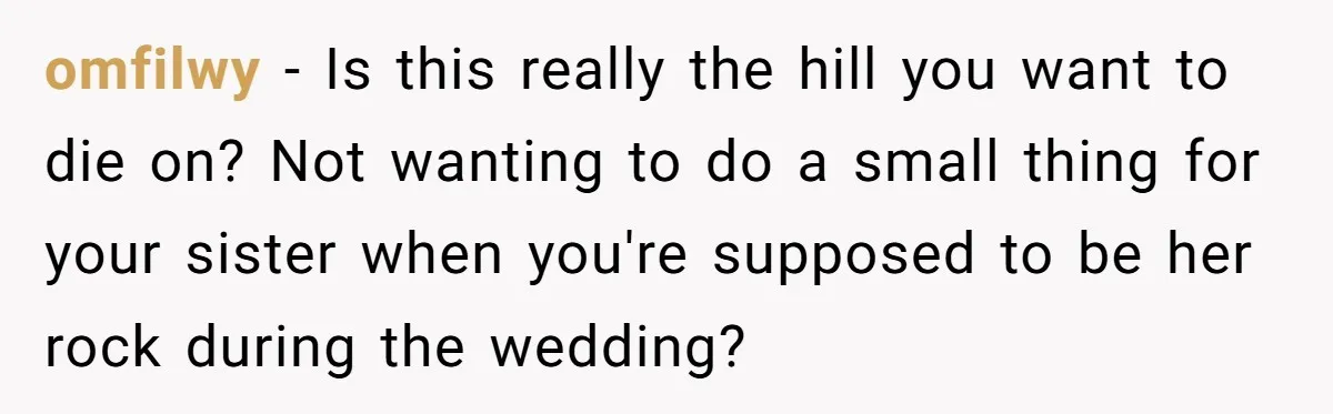 omfilwy − Is this really the hill you want to die on? Not wanting to do a small thing for your sister when you're supposed to be her rock during...