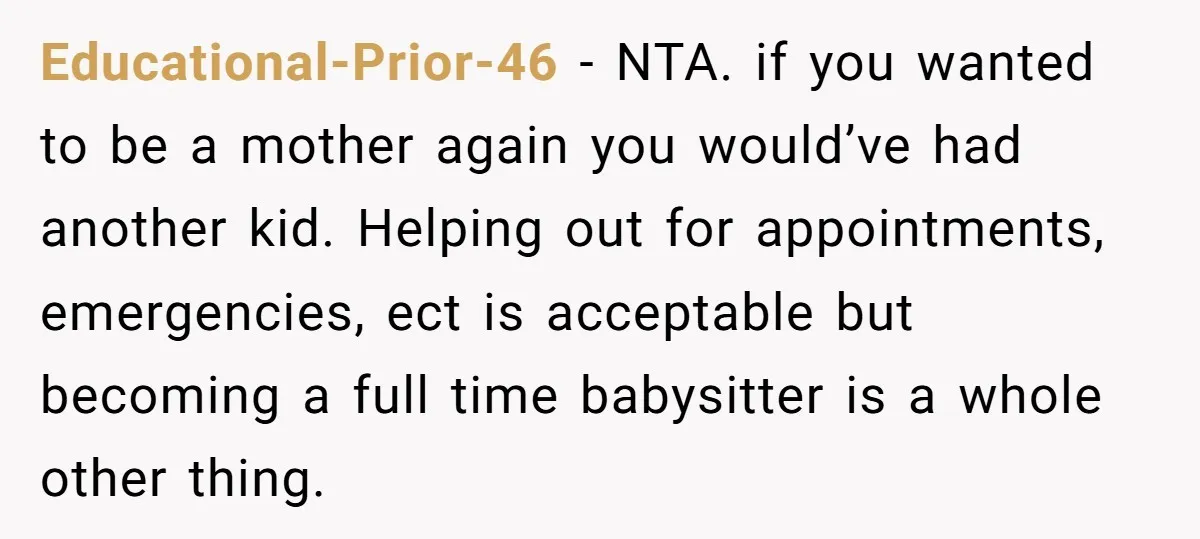Educational-Prior-46 − NTA. if you wanted to be a mother again you would’ve had another kid. Helping out for appointments, emergencies, ect is acceptable but becoming a full time babysitter...
