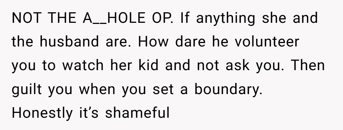 NOT THE A__HOLE OP. If anything she and the husband are. How dare he volunteer you to watch her kid and not ask you. Then guilt you when you set...