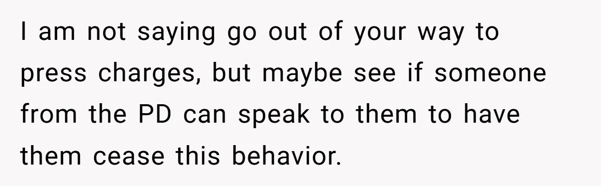 I am not saying go out of your way to press charges, but maybe see if someone from the PD can speak to them to have them cease this behavior.