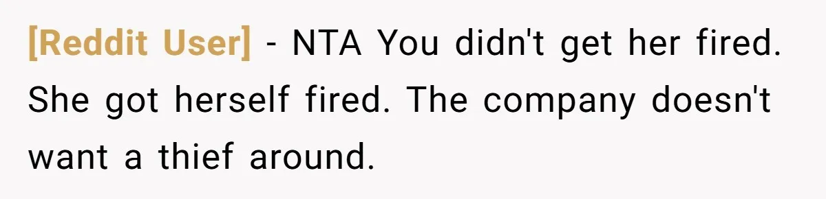 [Reddit User] − NTA You didn't get her fired. She got herself fired. The company doesn't want a thief around.